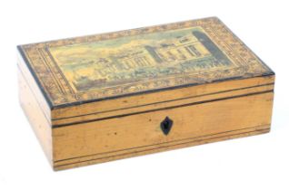 A whitewood print and paint decorated Tunbridge ware sewing box, of rectangular form, the plain