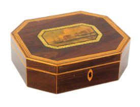 A rosewood print decorated and inlaid Tunbridge ware card and counter box, of elongated octagonal