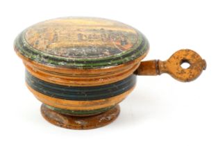 A whitewood print and paint decorated Tunbridge ware pan form nutmeg grater attributed to Wise, in