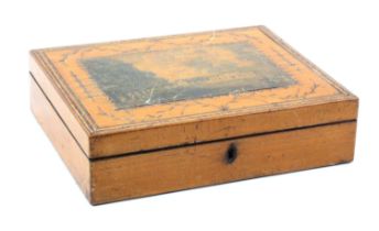 An unusual whitewood print decorated and inlaid Tunbridge ware sewing box, of shallow rectangular