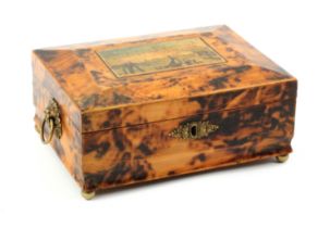 A small burnt whitewood print decorated Tunbridge ware sewing box, of rectangular form, the canted