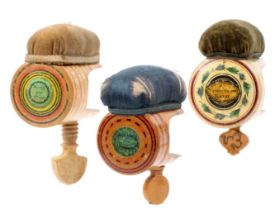 Three whitewood paint and label decorated Tunbridge ware sewing clamps, all of cylinder form, all