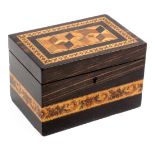 A Tunbridge ware coromandel wood tea caddy by Thomas Barton, of rectangular form, the sides with a