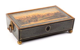 A whitewood print and paint decorated Tunbridge ware sewing box, of rectangular form, the pin