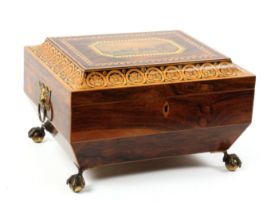 A fine rosewood print, paint and inlaid Tunbridge ware sewing box of sarcophagol form, the lid