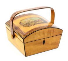 A whitewood print and paint decorated Tunbridge ware sewing pannier, the curved top with a cut