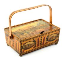 A fine whitewood, print and paint decorated Tunbridge ware sewing pannier, the pin hinge rectangular