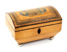 An unusual small whitewood print and paint decorated small sewing box, of sarcophagol form, the
