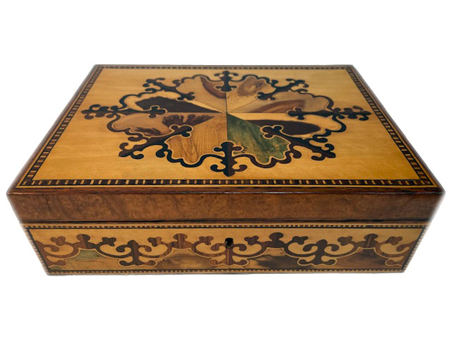 A rare Robert Russell Tunbridge marquetry jewellery box of rectangular form,