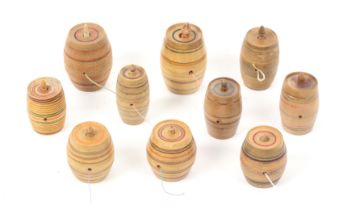 Ten whitewood and paint decorated Tunbridge ware cotton barrels, all with ring painted decoration,