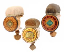 Three whitewood paint and label decorated Tunbridge ware sewing clamps, all of cylinder form, all