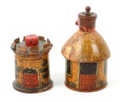Two whitewood paint decorated Tunbridge ware cottage pin cushions, one in the form of a thatched