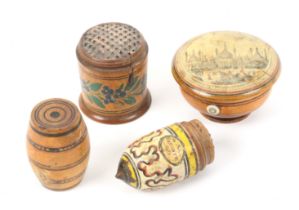 Four whitewood Tunbridge ware nutmeg graters, comprising a pan form example lacking handle and