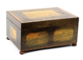 A rosewood print decorated and inlaid Tunbridge ware sewing box, of rectangular form, the lid with a