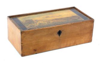 A whitewood print and paint decorated Tunbridge ware rectangular box, the pin hinge lid with an