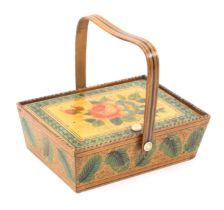 A whitewood and floral painted Tunbridge ware sewing pannier, of rectangular form, the pin hinge lid