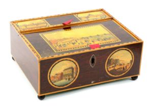 A fine simulated rosewood, print and paint decorated sewing box, of rectangular form, the top with