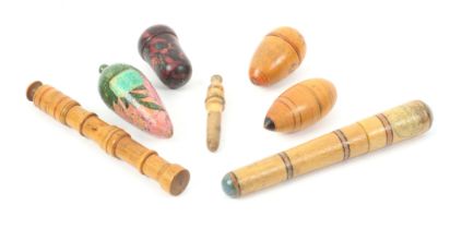 Seven whitewood paint decorated Tunbridge ware sewing accessories, comprising a pin poppet in the