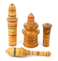 Four whitewood paint decorated sewing accessories, comprising a ring painted cylinder case the lower