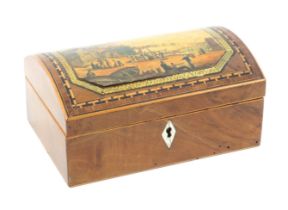 A mahogany print decorated and inlaid small curved top box, the lid with a cut corner colour print