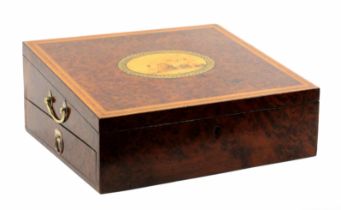 A fine burr yew wood, inlaid and print decorated Tunbridge ware writing, paint and sewing box, the
