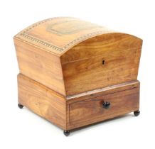 A rosewood inlaid and print decorated Tunbridge ware sewing box, the curved lid with a faded