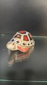 Royal Crown Derby Imari porcelain turtle paperweight, richly decorated in cobalt blue, red, and
