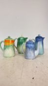 Set of four Shelley England porcelain teapots, from the early 20th century, featuring vibrant drip-