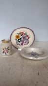 Poole Pottery floral set from the 1950s. Hand-painted plate, vase, and dish, marked ‘Poole