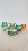 Vintage Shelley England ceramic lot, including glazed mugs, pitchers, and a juicer. Rich green and