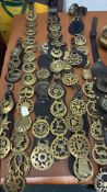 Collection of vintage brass horse brasses on leath