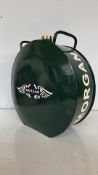 Vintage-style Morgan fuel canister, metal construction with British racing green finish. Features