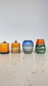 Set of four vintage hand-painted pottery vases and jars, including a Shelley England piece. Mid-
