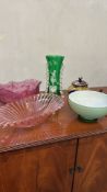 Mixed lot of art glass, including a green enameled vase with applied decoration, pink and opalescent