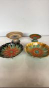 Set of four vintage Shelley pottery bowls and compotes, marked. Hand-painted floral designs with