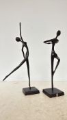 Pair of modernist bronze dancer sculptures, elegantly elongated with fluid movement and mounted on