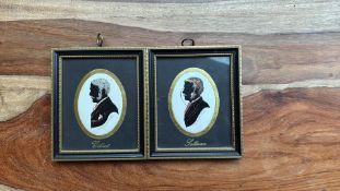 Enid Elliott Linder silhouettes, signed artist proofs, hand-tinted, in vintage frames. From