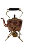 Victorian copper and brass spirit kettle on stand with an elegant wooden handle.