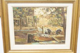 Small oil on board canal scene, indistinct signatu