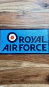 Cast iron Royal Air Force plaque with embossed lettering and iconic RAF roundel, hand-painted in