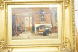Early framed oil on canvas domestic scene. Size in