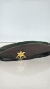 Vintage military side cap with a brass badge, wool exterior, and lined interior. Size 7 3/8.