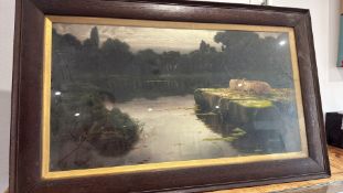 Misty Woodland Lake with Stone Jetty, print