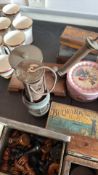 Assorted vintage boxed weights, tins, lamp, press and chess pieces