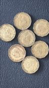 Seven UK George VI brass threepence coins, 1946â€“1952