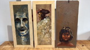Three David Cauldwell acrylic portraits on board, 1972