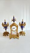 Gilt-metal and cobalt porcelain garniture clock set