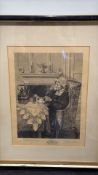 Framed mezzotint engraving, domestic teatime scene