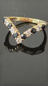 9ct Gold wishbone ring set with white & blue sapph