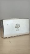 Rectangular sterling silver sandwich box, hinged lid with applied handle, gilt interior divisions,